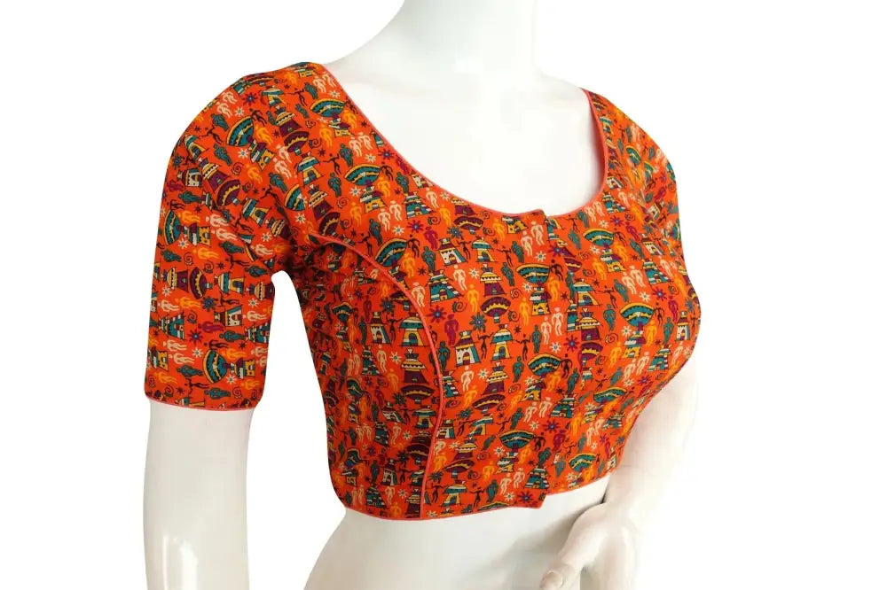 Orange Color Cotton Printed Readymade Blouse From D3 Blouses - D3blouses