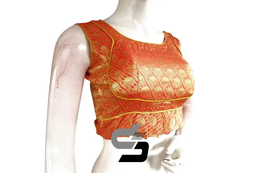 Orange Color Sleeveless Brocade Designer Party Wear Readymade Blouse/ Indian Crop Tops - D3blouses