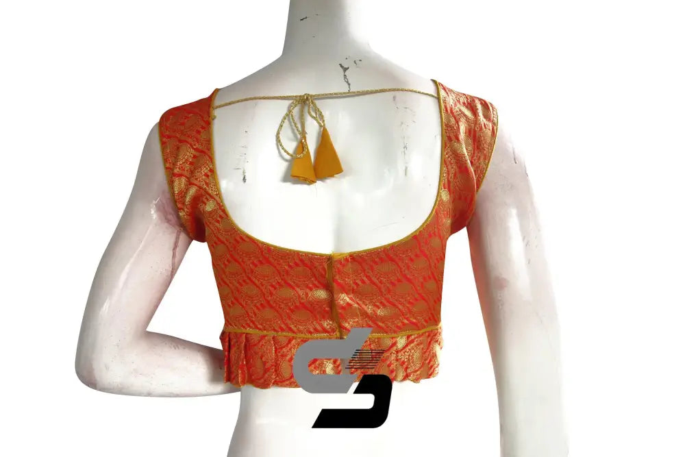 Orange Color Sleeveless Brocade Designer Party Wear Readymade Blouse/ Indian Crop Tops - D3blouses