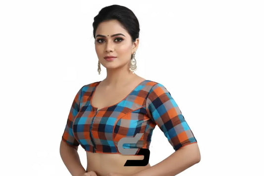 Close up of checkered pattern on orange cotton designer saree blouse