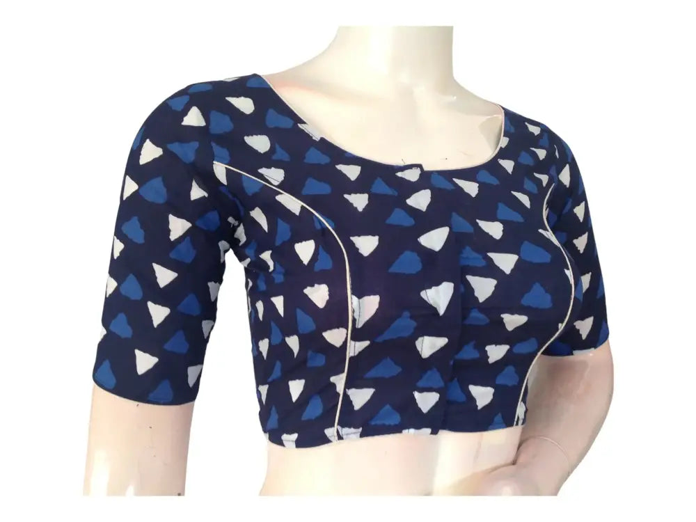 Parisian Chic: Navy Blue Cotton Blouse with High Neckline - D3blouses