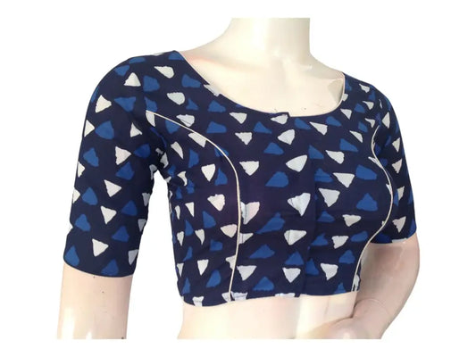 Parisian Chic: Navy Blue Cotton Blouse with High Neckline - D3blouses