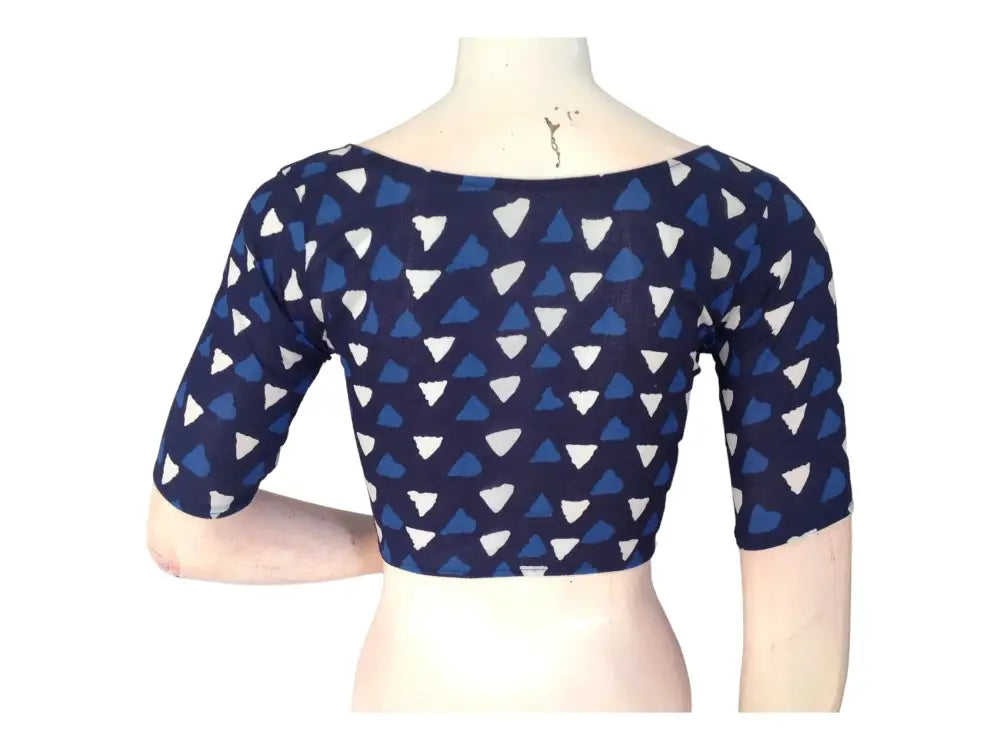 Parisian Chic: Navy Blue Cotton Blouse with High Neckline - D3blouses