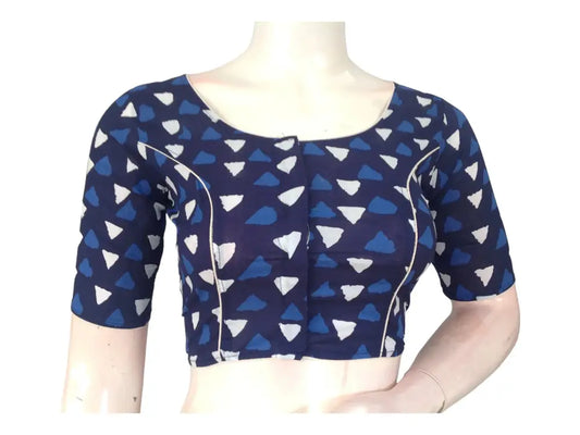 Parisian Chic: Navy Blue Cotton Blouse with High Neckline - D3blouses