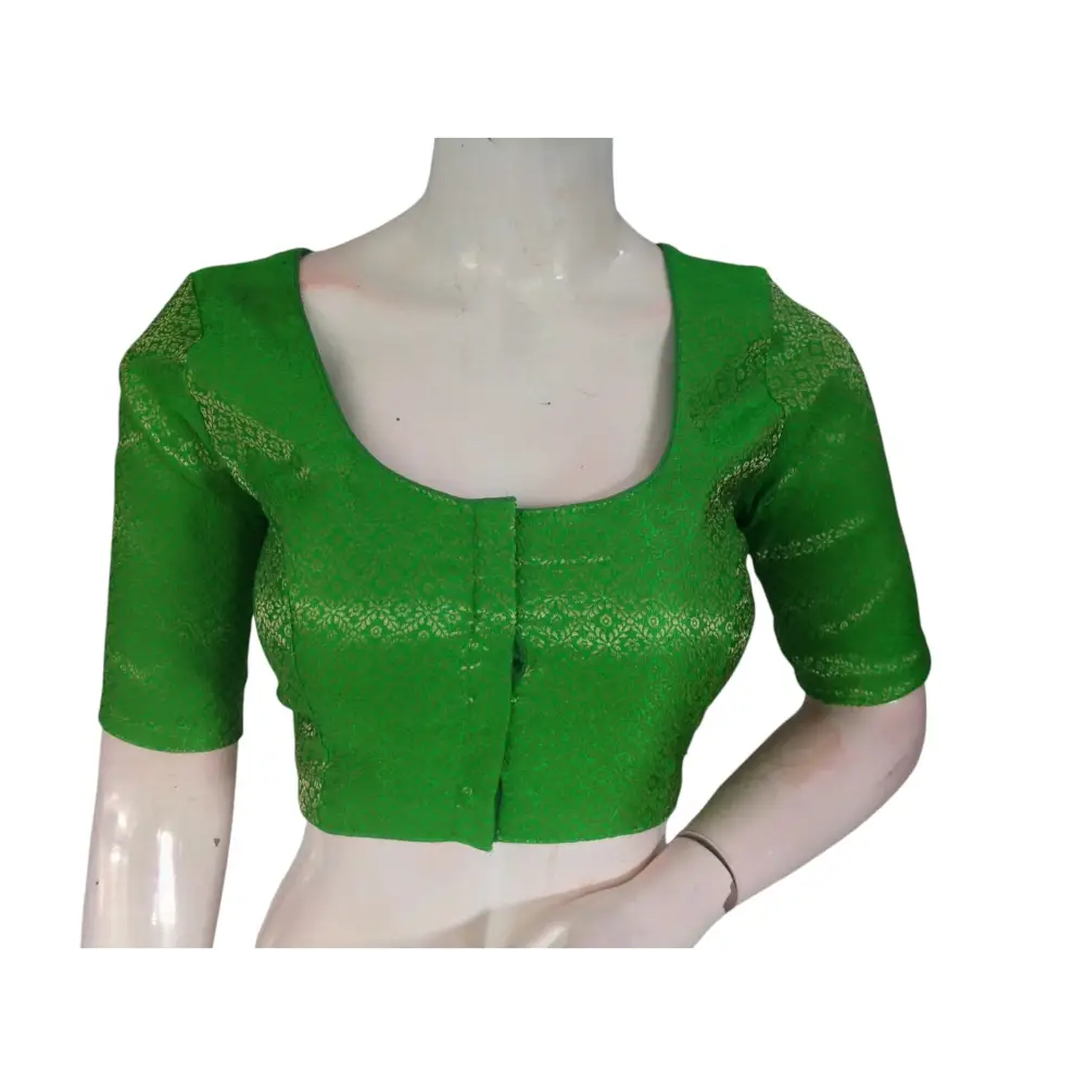 Parrot Green Paradise: Brocade Silk Readymade Saree Blouse - D3blouses