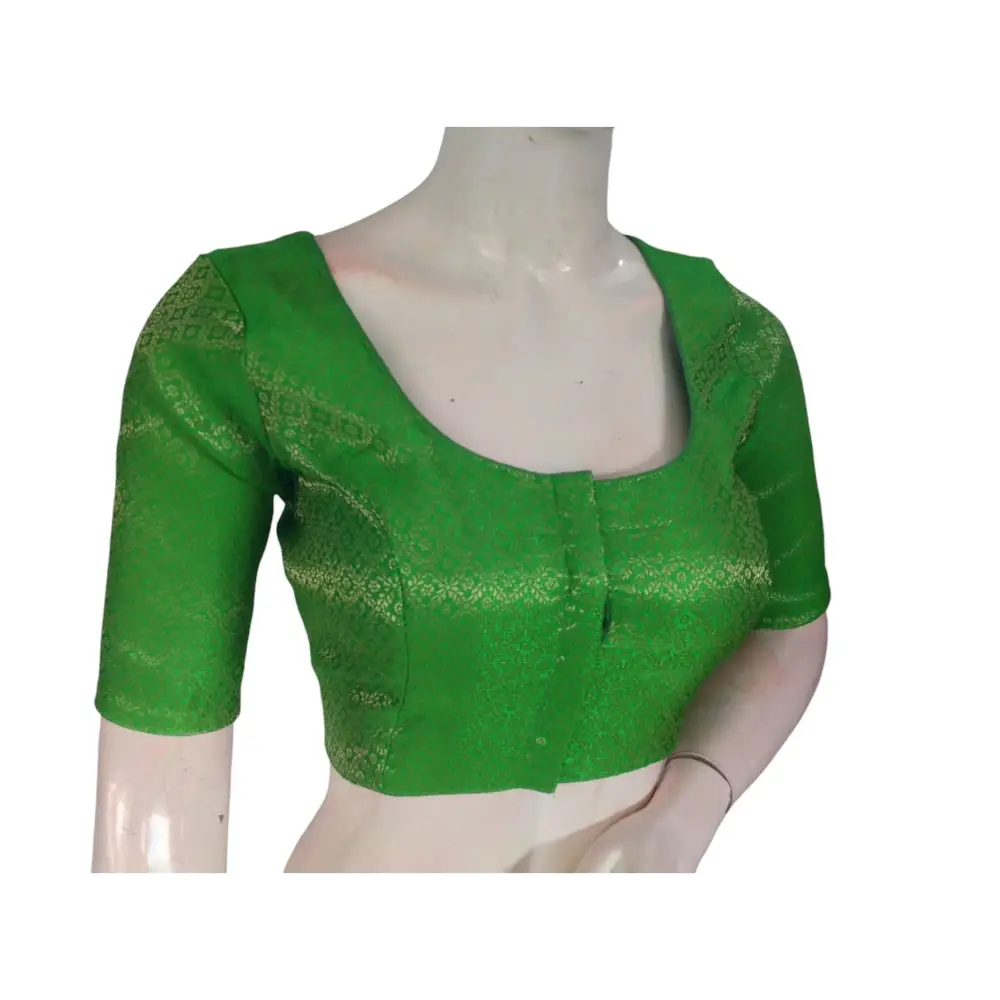 Parrot Green Paradise: Brocade Silk Readymade Saree Blouse - D3blouses