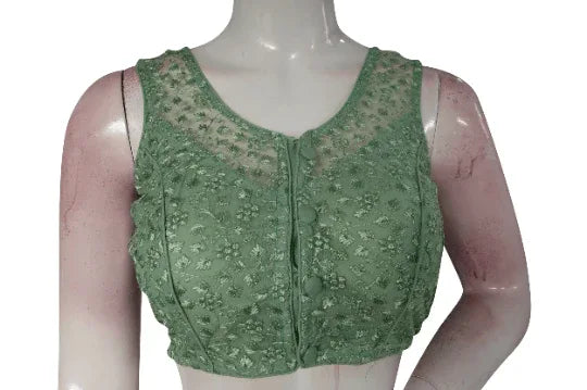 Pastal Olive Green Color Netted Embroidery Designer Readymade Blouse - D3blouses