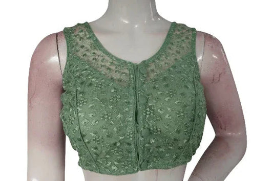 Pastal Olive Green Color Netted Embroidery Designer Readymade Blouse - D3blouses