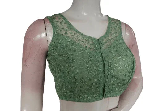 Pastal Olive Green Color Netted Embroidery Designer Readymade Blouse - D3blouses
