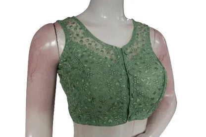 Pastal Olive Green Color Netted Embroidery Designer Readymade Blouse - D3blouses