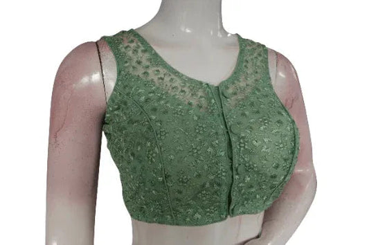 Pastal Olive Green Color Netted Embroidery Designer Readymade Blouse - D3blouses
