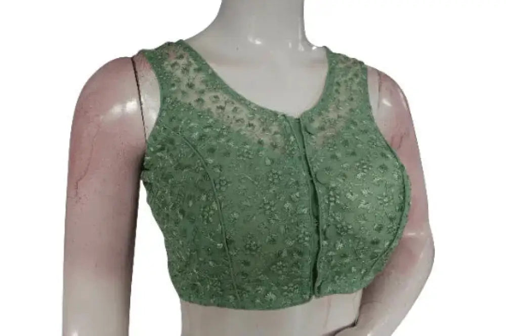 Pastal Olive Green Color Netted Embroidery Designer Readymade Blouse - D3blouses