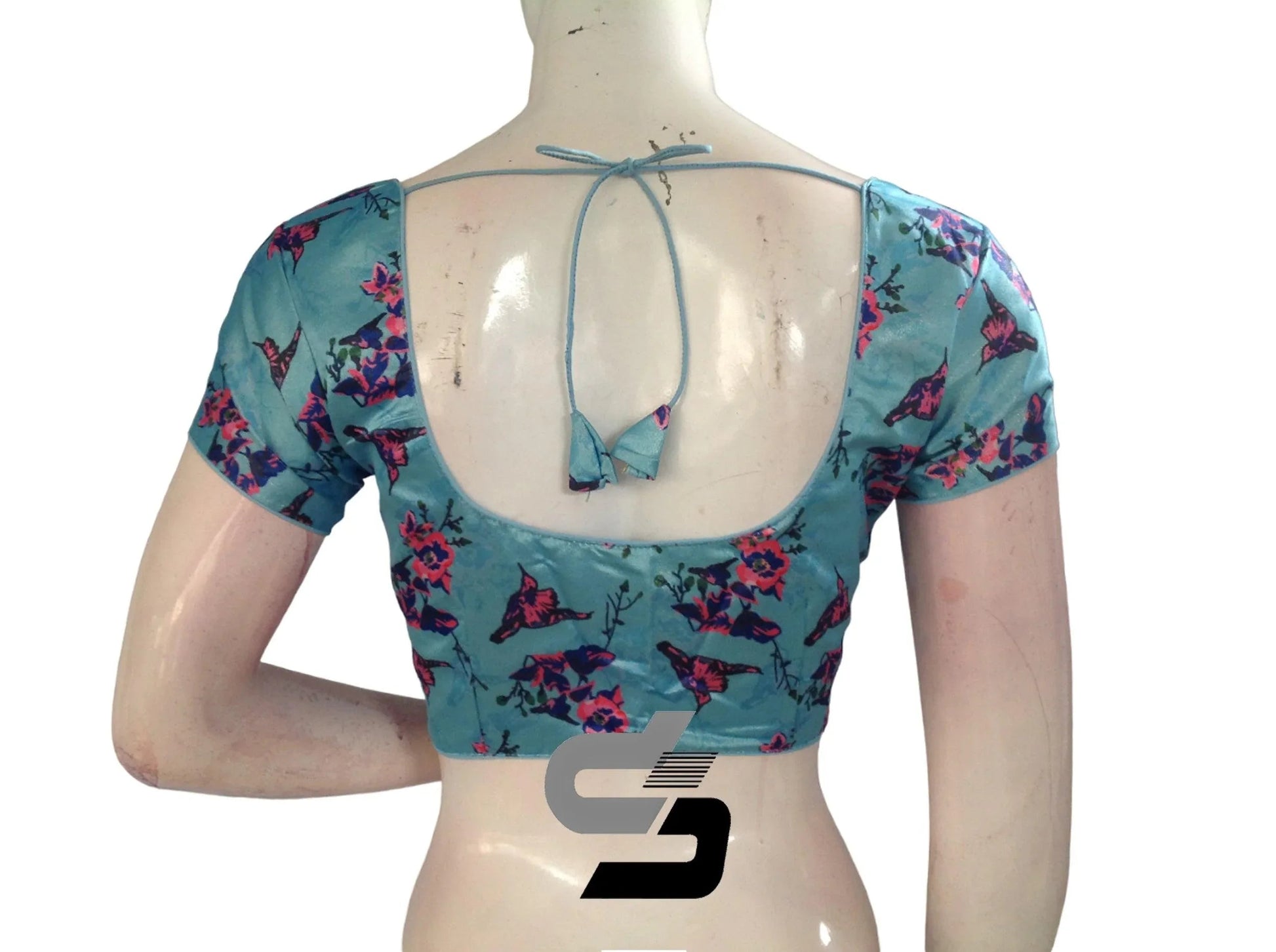 Pastel Blue Color Satin Printed Readymade saree Blouse With Short Sleeves and Matching Mask - D3blouses