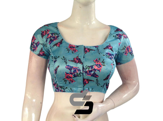Pastel Blue Color Satin Printed Readymade saree Blouse With Short Sleeves and Matching Mask - D3blouses