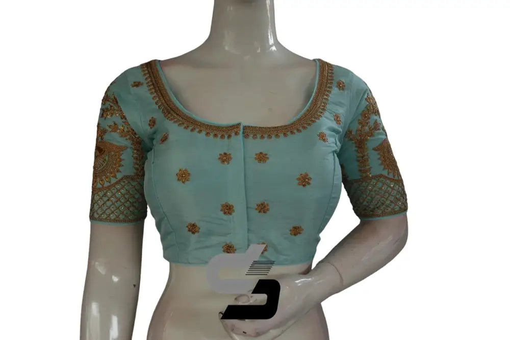 Pastel Blue Color Semi Silk Designer Embroidery Readymade Saree Blouse - D3blouses