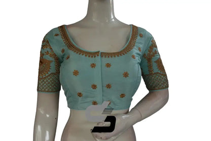 Pastel Blue Color Semi Silk Designer Embroidery Readymade Saree Blouse - D3blouses