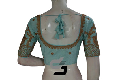 Pastel Blue Color Semi Silk Designer Embroidery Readymade Saree Blouse - D3blouses