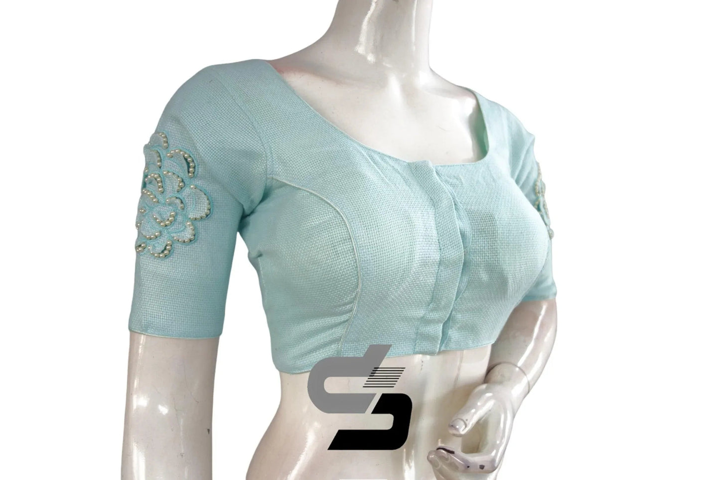 "Pastel Blue Elegance: Designer Jute Embroidery Readymade Saree Blouses" - D3blouses