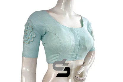 "Pastel Blue Elegance: Designer Jute Embroidery Readymade Saree Blouses" - D3blouses