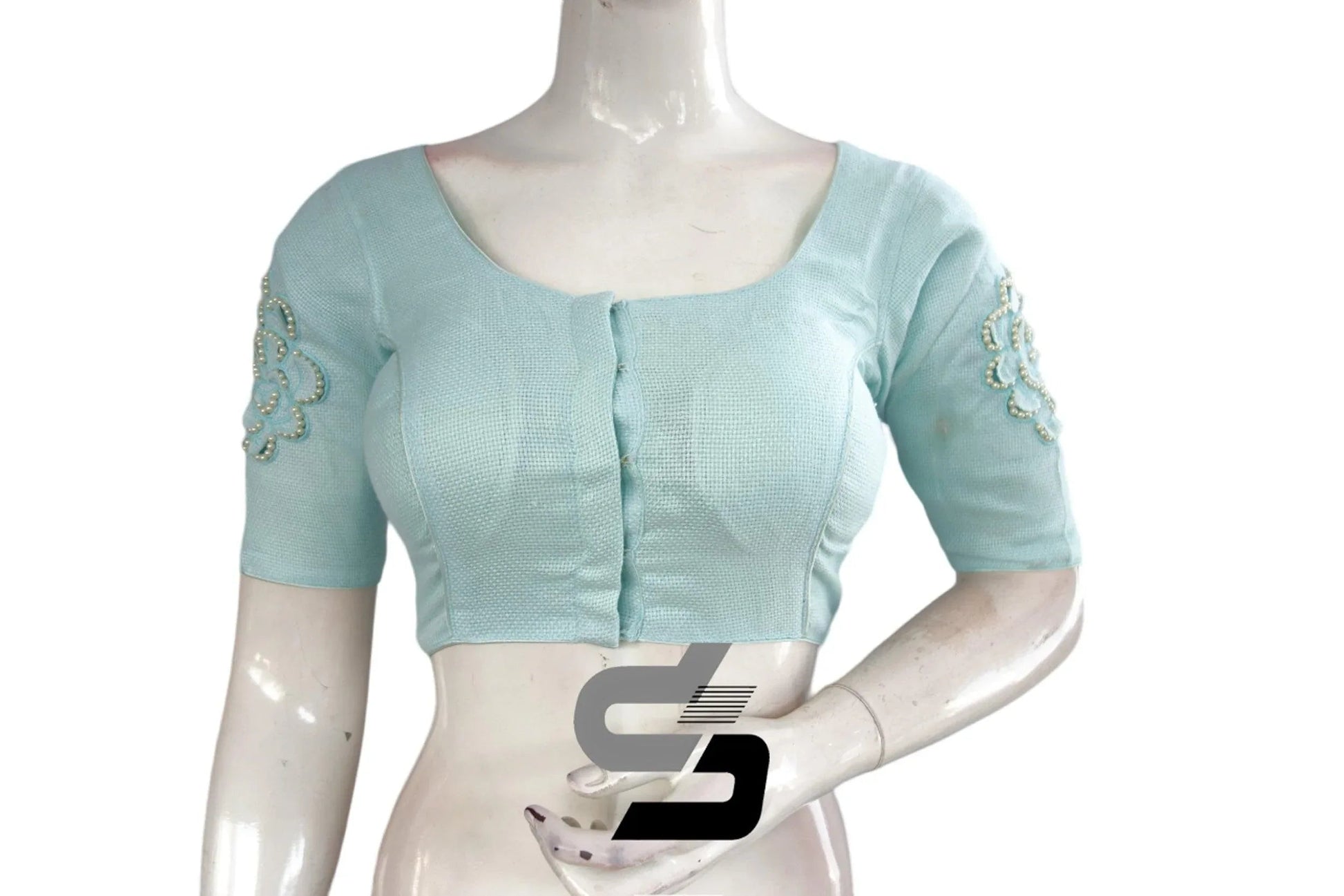 "Pastel Blue Elegance: Designer Jute Embroidery Readymade Saree Blouses" - D3blouses