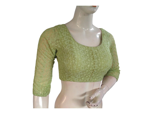 Pastel Green Color Chikankari Embroided Readymade Saree Blouse - D3blouses
