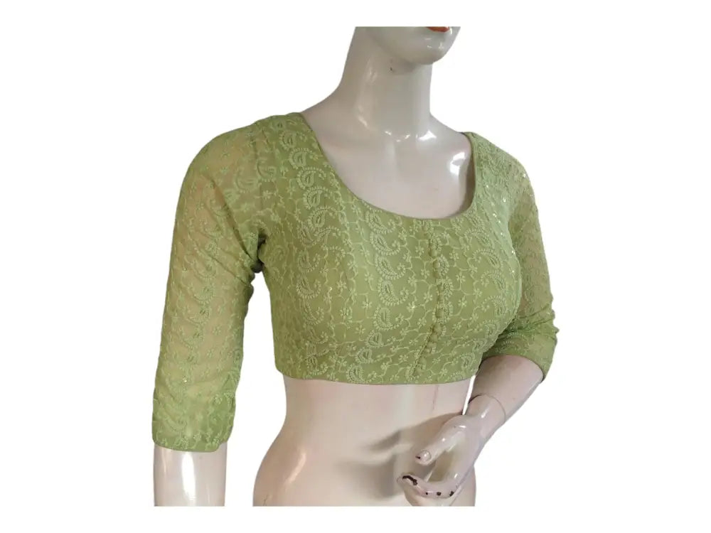 Pastel Green Color Chikankari Embroided Readymade Saree Blouse - D3blouses