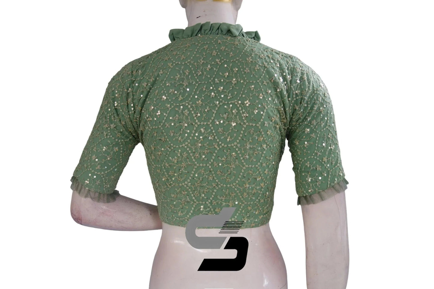 Pastel Green Color Collared Neck Designer Netted Sequin Readymade Saree Blouse, Indian Designer Sequins Blouse - D3blouses