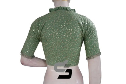 Pastel Green Color Collared Neck Designer Netted Sequin Readymade Saree Blouse, Indian Designer Sequins Blouse - D3blouses