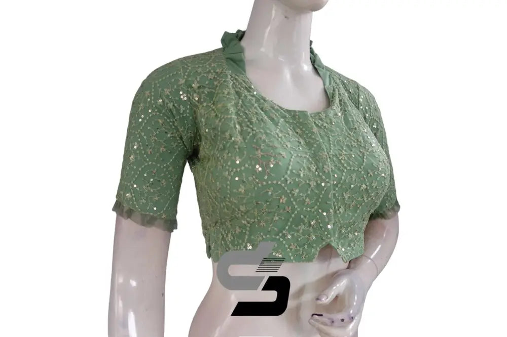 Pastel Green Color Collared Neck Designer Netted Sequin Readymade Saree Blouse, Indian Designer Sequins Blouse - D3blouses