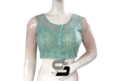Pastel Green Color Netted Embroidery Designer Readymade Blouse - D3blouses