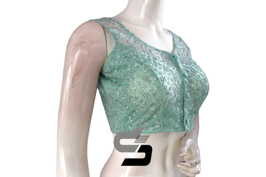 Pastel Green Color Netted Embroidery Designer Readymade Blouse - D3blouses