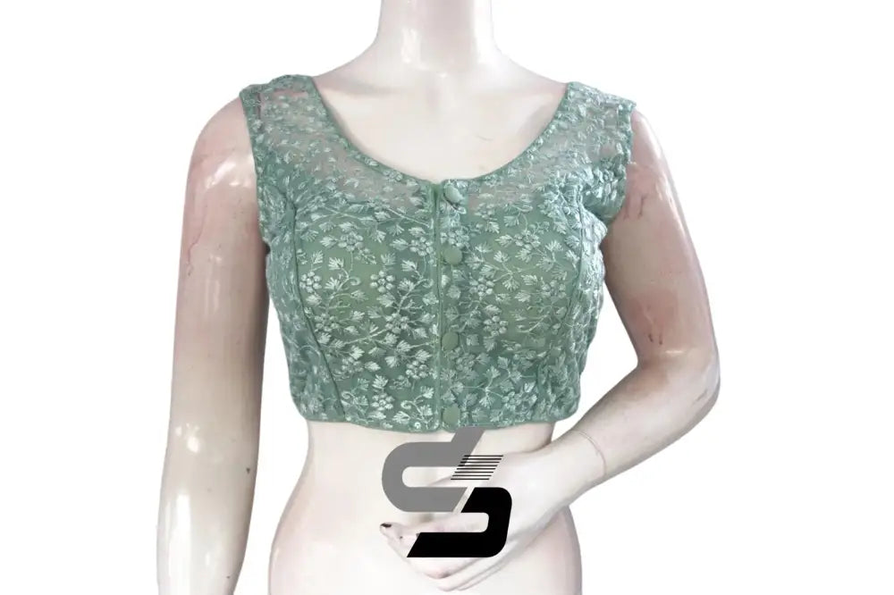 Pastel Green Color Netted Embroidery Designer Readymade Blouse - D3blouses