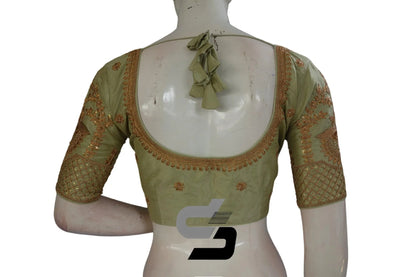 Pastel Green Color Semi Silk Designer Embroidery Readymade Saree Blouse - D3blouses