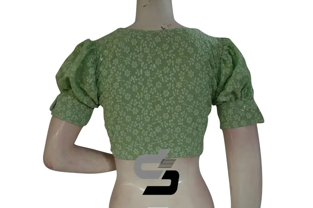 Pastel Green High Neck Chikankari Saree Blouse - Puff Sleeves - D3blouses