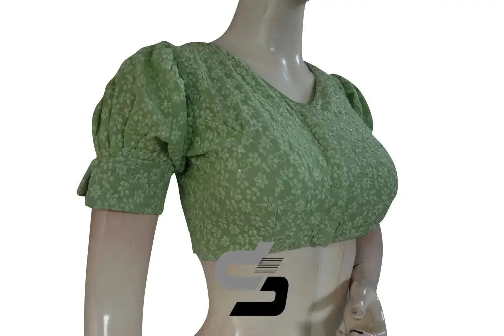 Pastel Green High Neck Chikankari Saree Blouse - Puff Sleeves - D3blouses