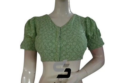 Pastel Green High Neck Chikankari Saree Blouse - Puff Sleeves - D3blouses