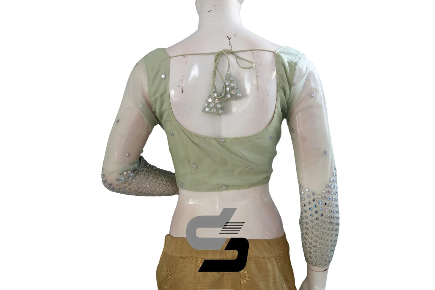 "Pastel Green Net Foil Mirror Blouse with Bracelet Sleeves: Enhance Your Saree Look with Subtle Elegance!" - D3blouses