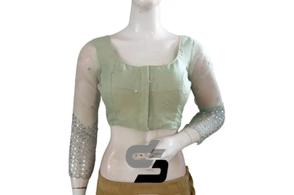 "Pastel Green Net Foil Mirror Blouse with Bracelet Sleeves: Enhance Your Saree Look with Subtle Elegance!" - D3blouses