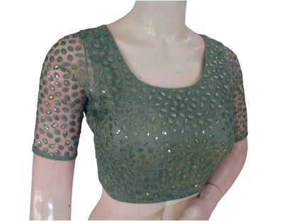 Pastel Green Serenity: Netted Designer Saree Blouse - D3blouses
