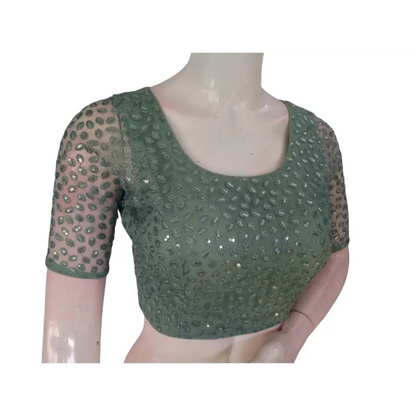 Pastel Green Serenity: Netted Designer Saree Blouse - D3blouses
