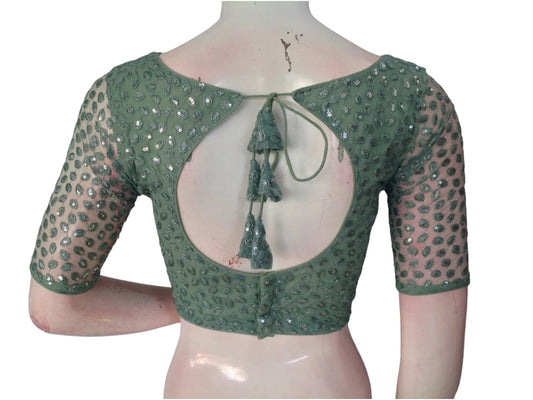 Pastel Green Serenity: Netted Designer Saree Blouse - D3blouses