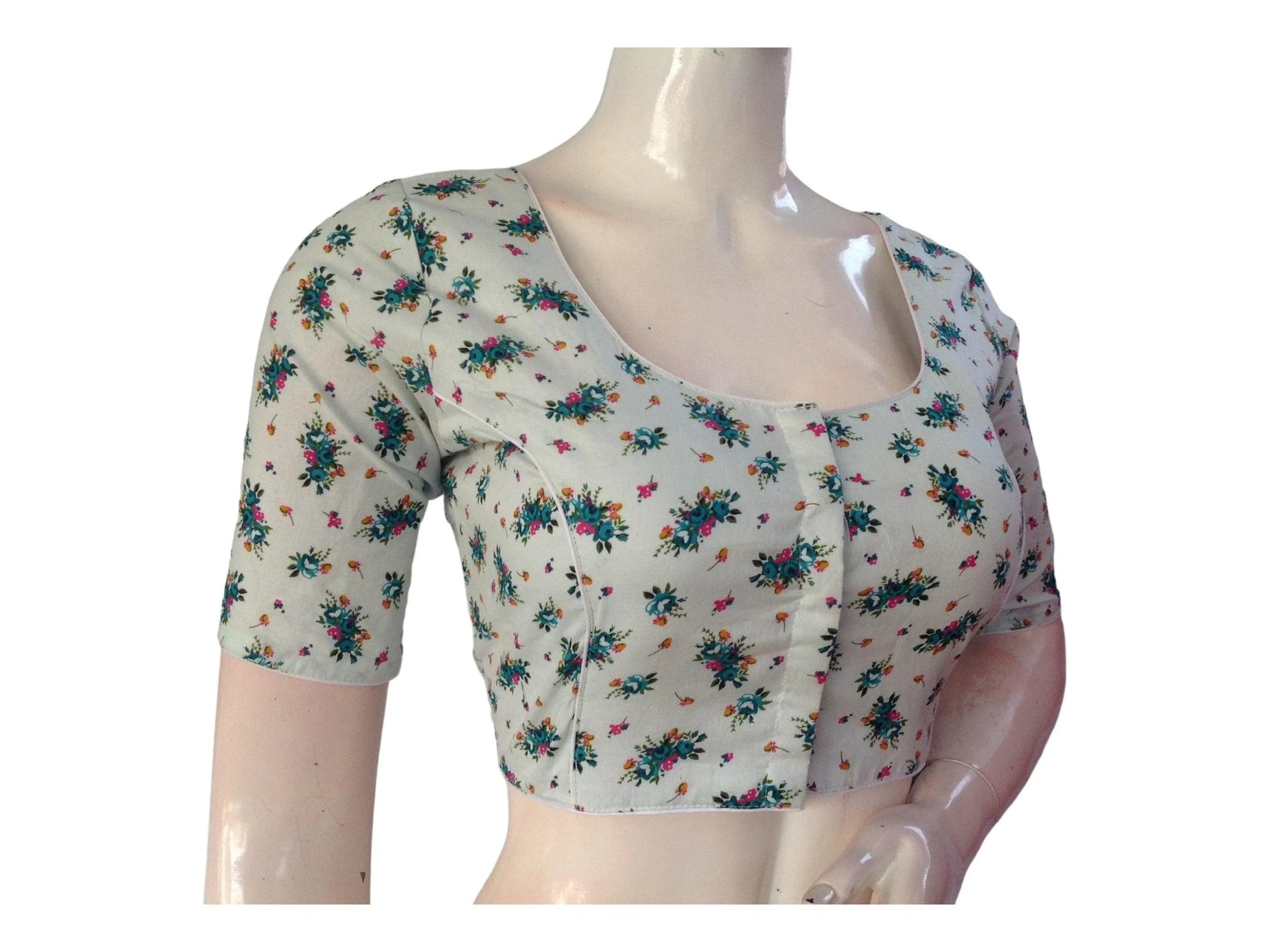 Pastel Mint Color Cotton Floral Printed Saree Blouse, Indian Readymade Choli top from D3 Blouses - D3blouses