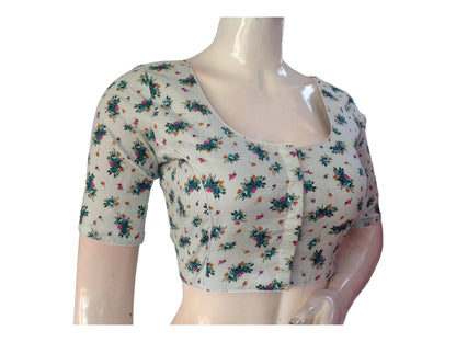 Pastel Mint Color Cotton Floral Printed Saree Blouse, Indian Readymade Choli top from D3 Blouses - D3blouses