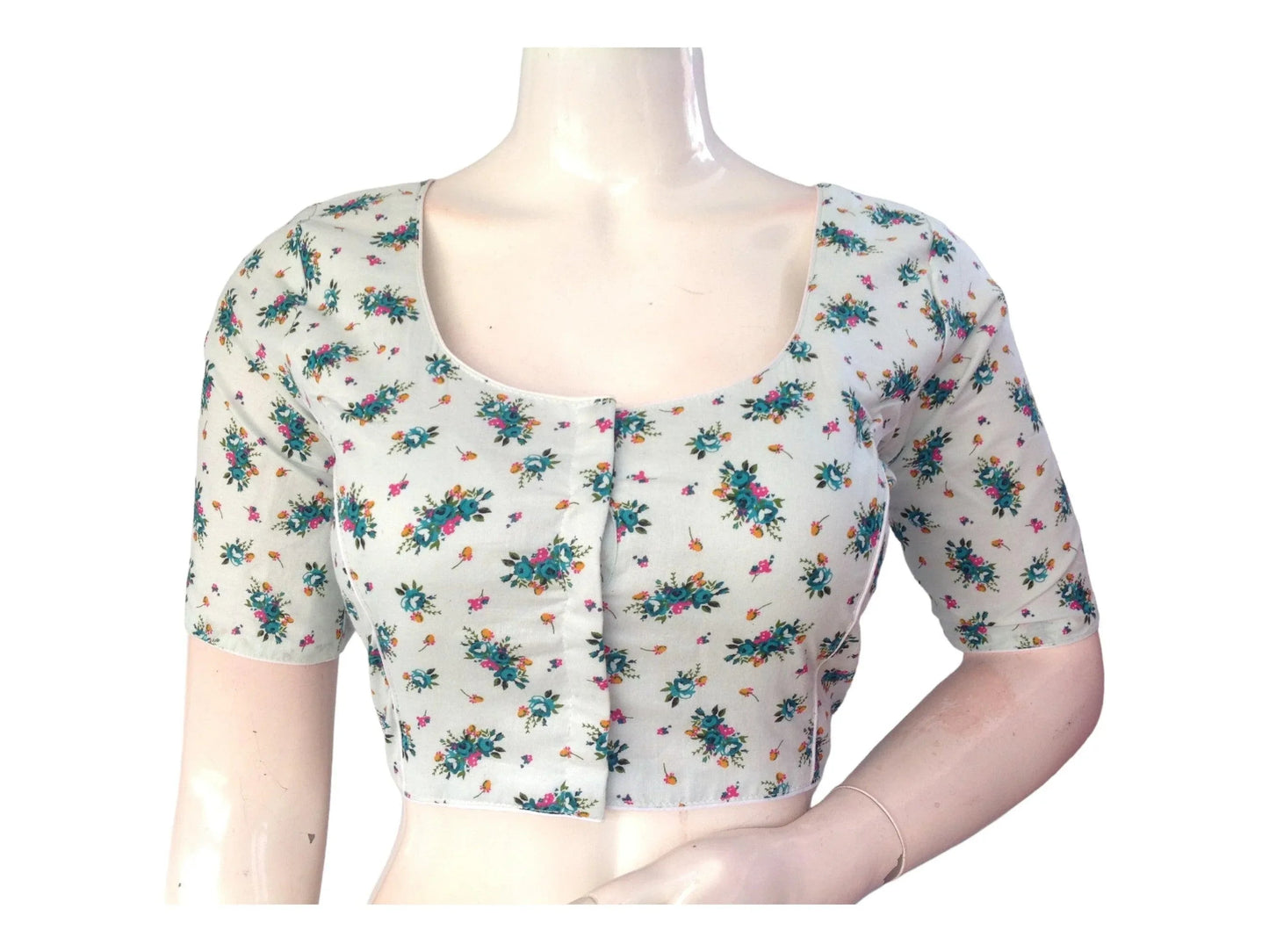 Pastel Mint Color Cotton Floral Printed Saree Blouse, Indian Readymade Choli top from D3 Blouses - D3blouses