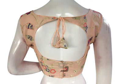 Pastel Orange Color Banaras Brocade Boat Neck Designer Readymade Blouse - D3blouses