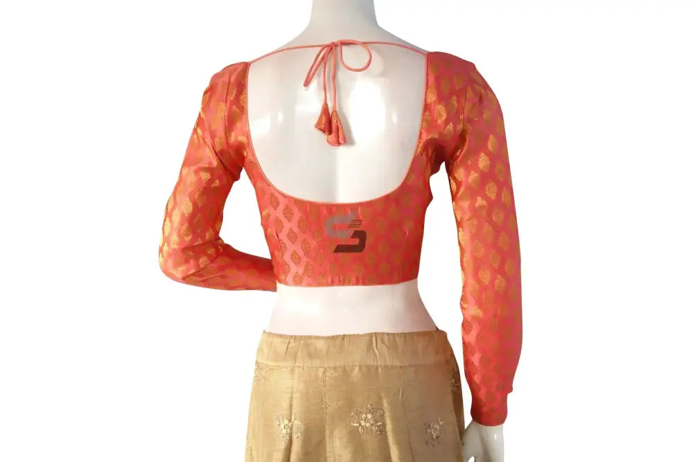 Pastel Orange Color Brocade Silk Full Sleeves Readymade Blouse - D3blouses