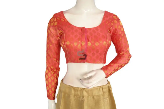 Pastel Orange Color Brocade Silk Full Sleeves Readymade Blouse - D3blouses
