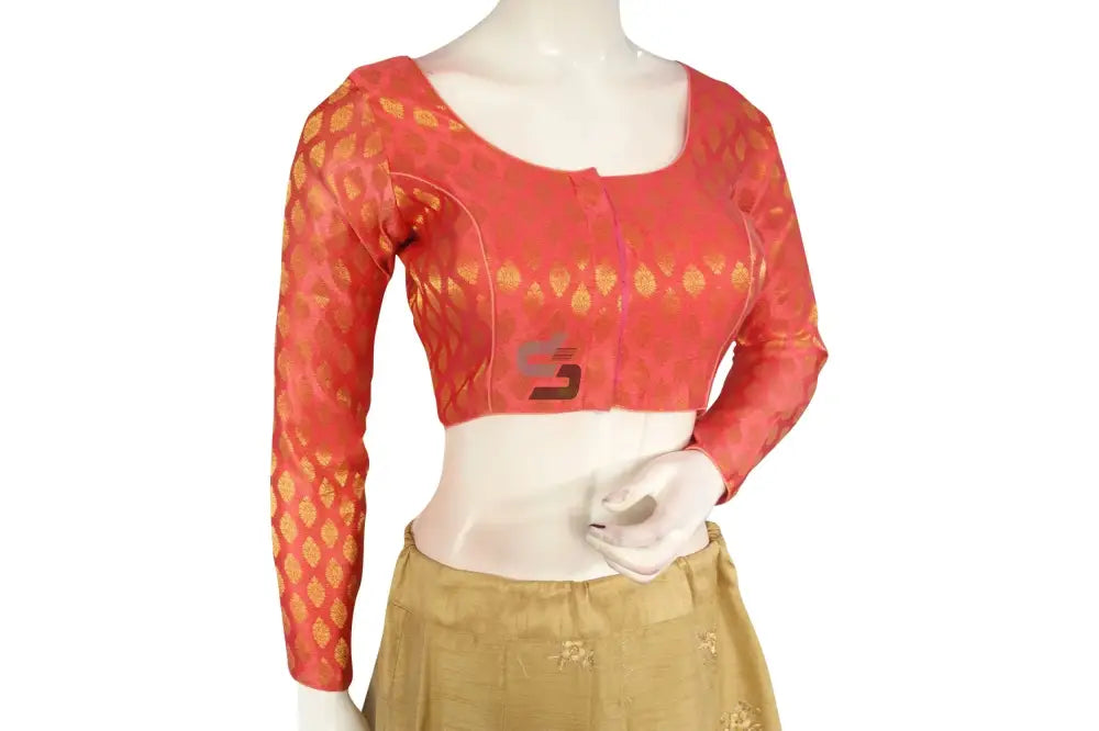 Pastel Orange Color Brocade Silk Full Sleeves Readymade Blouse - D3blouses