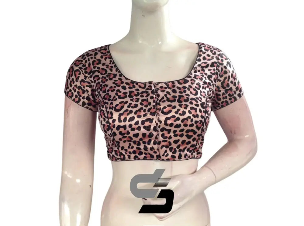 Pastel Pink Color Satin Printed Readymade saree Blouse With Short Sleeves and Matching Mask - D3blouses