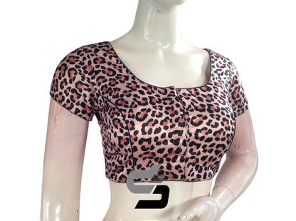 Pastel Pink Color Satin Printed Readymade saree Blouse With Short Sleeves and Matching Mask - D3blouses